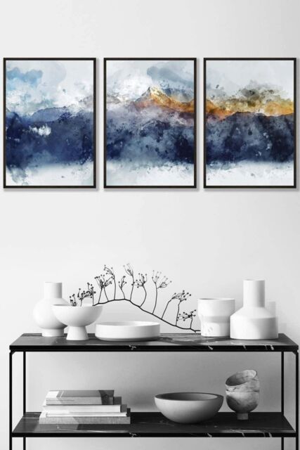 ARTZE Abstract Navy Blue & Yellow Mountains Framed Wall Art - Medium in Black - Size: W45 cm x H62 cm x D20mm - image 1