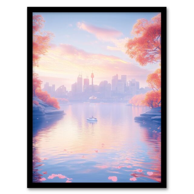 Artery8 Dreamy Autumn Sunrise Japanese Coastal Cityscape Framed Art Print in Blue - Size: A4 - image 1