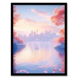 Artery8 Dreamy Autumn Sunrise Japanese Coastal Cityscape Framed Art Print in Blue - Size: A4 - thumbnail 1