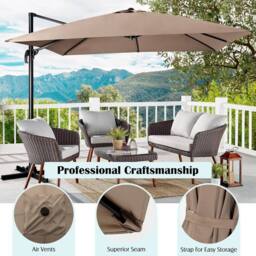 Costway 3m Garden Cantilever Parasol 3 Positions Adjustable Square Overhanging Umbrella in Dark Brown - thumbnail 2