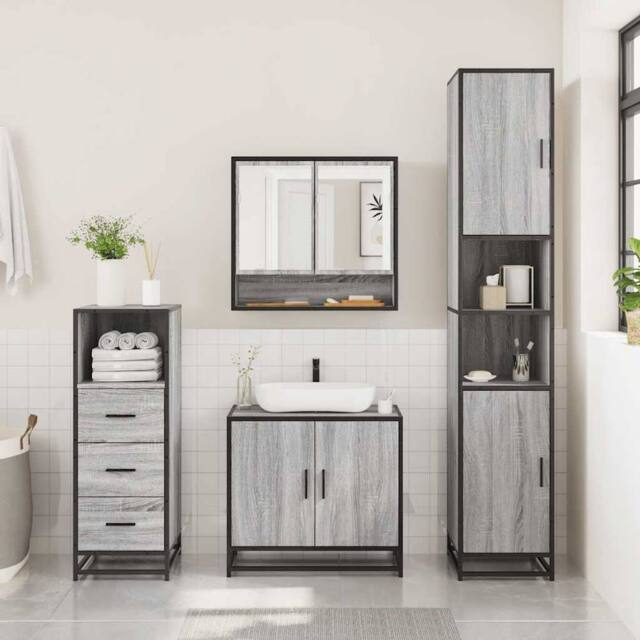 Berkfield Home Durable 3 Piece Bathroom Furniture Set Grey Sonoma Engineered Wood - image 1