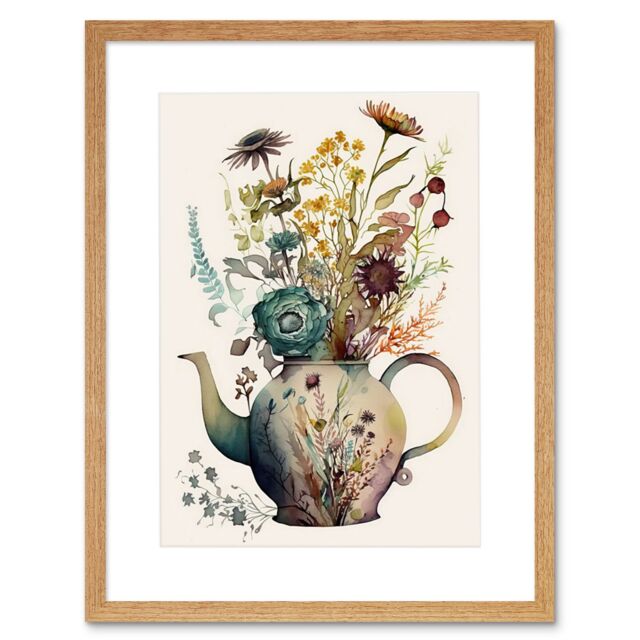 "Artery8 Wall Art Print Flower Bouquet in a Floral Pattern Ceramic Teapot Artwork Framed 9X7 Inch in Beige - Size: W7"" x H9""" - image 1