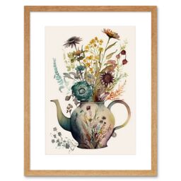 "Artery8 Wall Art Print Flower Bouquet in a Floral Pattern Ceramic Teapot Artwork Framed 9X7 Inch in Beige - Size: W7"" x H9""" - thumbnail 1