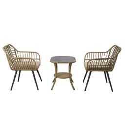 FURNITURE ONE 3 Pieces Rattan Garden Furniture Bistro Set with Glass Top Table in Beige - Size: 1 Pack - thumbnail 2
