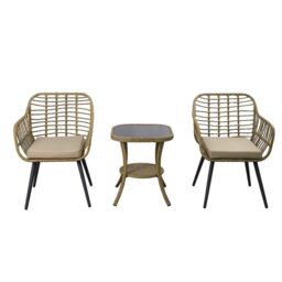 FURNITURE ONE 3 Pieces Rattan Garden Furniture Bistro Set with Glass Top Table in Beige - Size: 1 Pack
