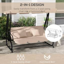 OUTSUNNY 2-in-1 Garden Swing Chair for 3 Person w/ 2 Pillows, Light Brown - thumbnail 4