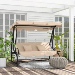OUTSUNNY 2-in-1 Garden Swing Chair for 3 Person w/ 2 Pillows, Light Brown - thumbnail 1
