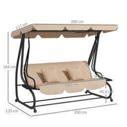 OUTSUNNY 2-in-1 Garden Swing Chair for 3 Person w/ 2 Pillows, Light Brown - thumbnail 3