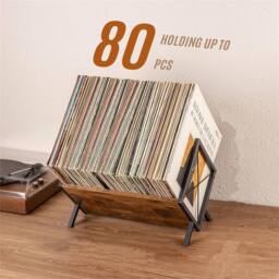 Nordara Wood Record Storage Rack 80LP Vinyl Record Organizer for Albums Files in Brown - thumbnail 3
