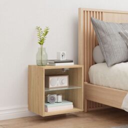Berkfield Home Bedside Cabinet with LED Lights Wall-mounted Sonoma Oak in Brown - thumbnail 4
