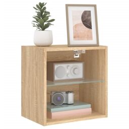 Berkfield Home Bedside Cabinet with LED Lights Wall-mounted Sonoma Oak in Brown - thumbnail 5