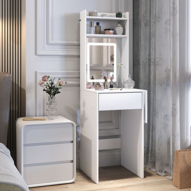 HOMCOM Compact Dressing Table with Lighted Mirror Open Shelves Drawer White - image 1