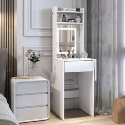 HOMCOM Compact Dressing Table with Lighted Mirror Open Shelves Drawer White