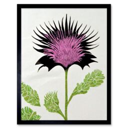 "Artery8 Wall Art Print Linocut Scottish Thistle Abstract Wildflower Art Framed in Black - Size: W12"" x H16""" - thumbnail 1