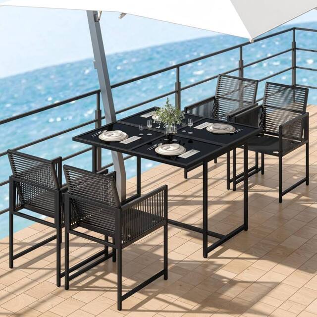 Gartistgo 5 Piece Patio Dining Set 107cm Glass Table & 4 Rattan Chairs in Black - image 1