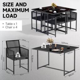 Gartistgo 5 Piece Patio Dining Set 107cm Glass Table & 4 Rattan Chairs in Black - thumbnail 3