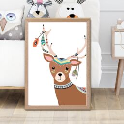 ARTZE Peeking Deer Tribal Animal Framed Print SIZE: A2 with Oak Frame in Brown - Size: A3 - thumbnail 2