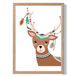 ARTZE Peeking Deer Tribal Animal Framed Print SIZE: A2 with Oak Frame in Brown - Size: A3