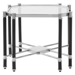 Orsina Silver Chrome Finish End Table, Clear Tempered Glass Octagonal Top, Stainless Steel Frame in Black