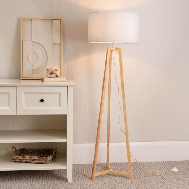 ValueLights Lottie Natural Wood Tripod Floor Lamp with Fabric Drum Shade in White - image 1