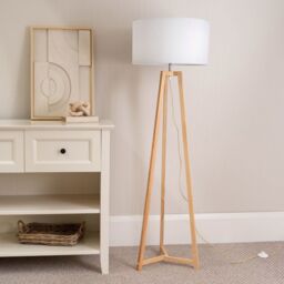 ValueLights Lottie Natural Wood Tripod Floor Lamp with Fabric Drum Shade in White - thumbnail 3