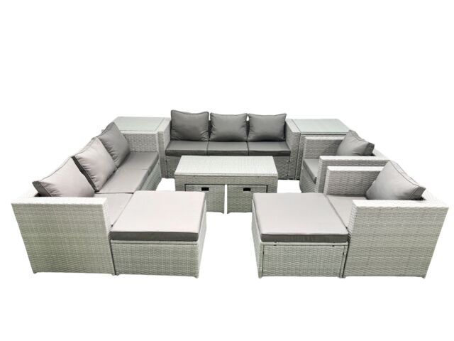 Fimous Rattan Garden Furniture Set Outdoor Lounger Sofa with Coffee Table 4 Footstools 2 Side Tables Light Grey Mixed 12 Seater - image 1