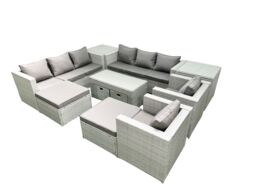 Fimous Rattan Garden Furniture Set Outdoor Lounger Sofa with Coffee Table 4 Footstools 2 Side Tables Light Grey Mixed 12 Seater - thumbnail 2