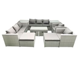 Fimous Rattan Garden Furniture Set Outdoor Lounger Sofa with Coffee Table 4 Footstools 2 Side Tables Light Grey Mixed 12 Seater - thumbnail 1