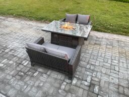 Fimous 3 Pieces Garden Furniture Sets Poly Rattan Outdoor Patio Gas Firepit Dining Table Sofa Set for Garden Backyard Dark Grey Mixed - thumbnail 2