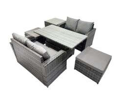 Fimous 6-seater Rattan Garden Furniture Set with 2 Big Stools Side Table in Dark Grey - thumbnail 2
