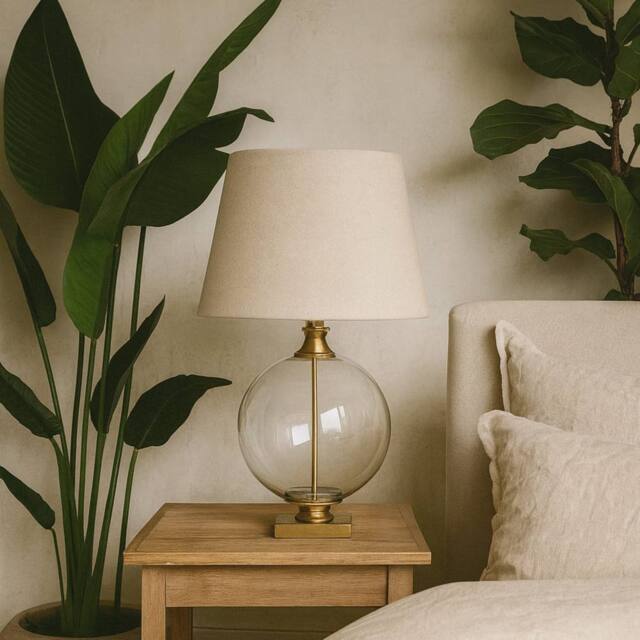 Wyld Haus Lunel Glass Orb Table Lamp with Cream Linen Tapered Shade in Bronze - image 1