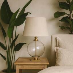Wyld Haus Lunel Glass Orb Table Lamp with Cream Linen Tapered Shade in Bronze