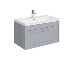Balterley 800mm Wall Hung 1 Drawer Unit, Thin Edge Basin 1 Tap Hole Satin Grey - thumbnail 1
