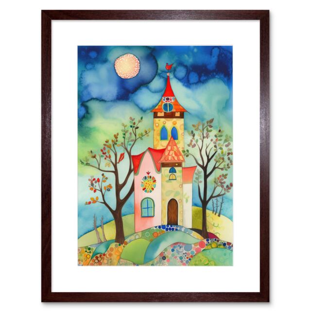 "Artery8 Wall Art Print Countryside Chapel Folk Art Watercolour Painting Artwork Framed 9X7 Inch in Brown - Size: W7"" x H9""" - image 1