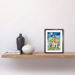 "Artery8 Wall Art Print Countryside Chapel Folk Art Watercolour Painting Artwork Framed 9X7 Inch in Brown - Size: W7"" x H9""" - thumbnail 2