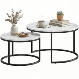 HOMCOM 2 Pcs Stacking Coffee Table Set Steel Frame in White - Size: Large - thumbnail 2