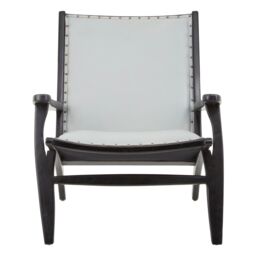 Orsina Grey Leather & Teak Wood Lounge Chair, Modern Accent Chair, Comfy Arm Chair For Outdoor Spaces, Reading Chair