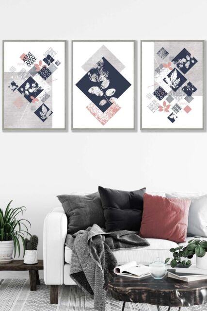 ARTZE Set of 3 Light Grey Framed Graphical Abstract Floral Blue Grey Wall Art in Navy - Size: W33 cm x H45 cm x D20mm - image 1