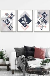 ARTZE Set of 3 Light Grey Framed Graphical Abstract Floral Blue Grey Wall Art in Navy - Size: W33 cm x H45 cm x D20mm - thumbnail 1