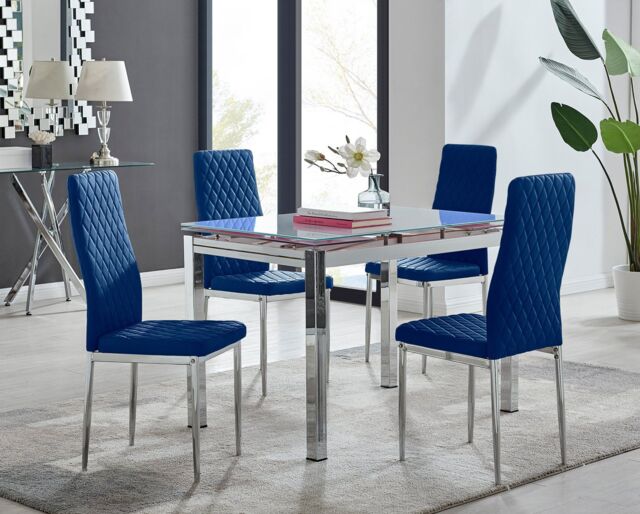 FurnitureboxUK Enna White Glass Extending 4-6 Seater Dining Table & 4 Milan Soft Velvet Chairs in Navy - image 1