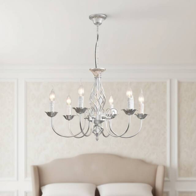 NIVOR French Vintage 6 Light Silver Iron Dining Room Candle Chandelier E14 in Metallic Silver - image 1