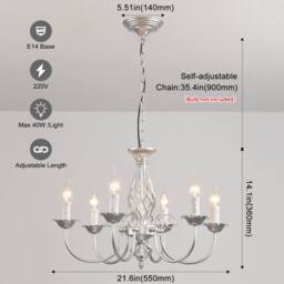 NIVOR French Vintage 6 Light Silver Iron Dining Room Candle Chandelier E14 in Metallic Silver - thumbnail 2