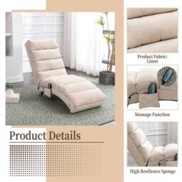 Direct Wicker Fabric Chaise Lounge Sofa with Gentle Vibration Feature & Pocket in Beige - Size: 1 Pack - thumbnail 3