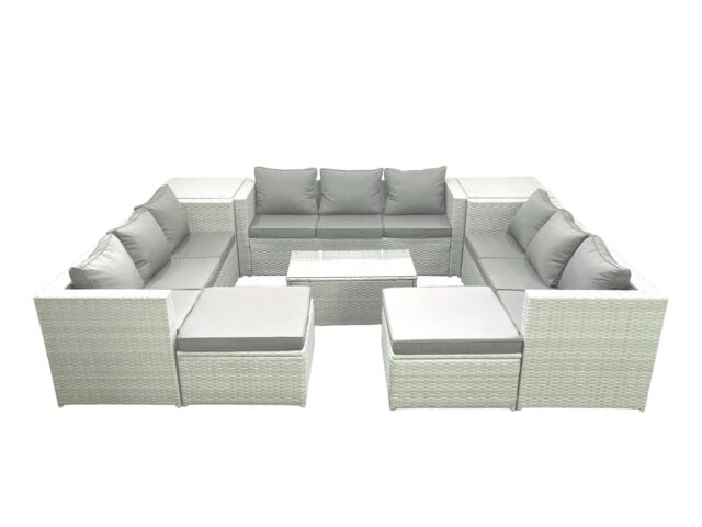Fimous Rattan Garden Outdoor Furniture Set 11 Seater Garden Sofa Coffee Table Set with 2 Big Footstools 2 Side Tables Light Grey Mixed - image 1