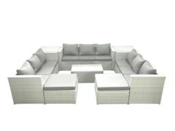 Fimous Rattan Garden Outdoor Furniture Set 11 Seater Garden Sofa Coffee Table Set with 2 Big Footstools 2 Side Tables Light Grey Mixed - thumbnail 2