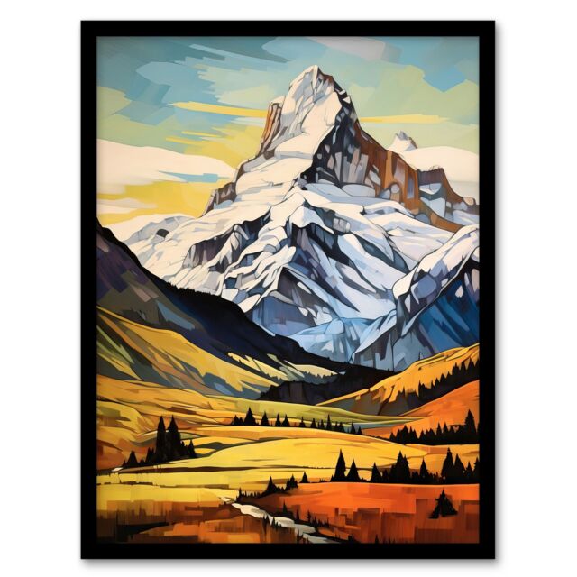 "Artery8 Swiss Alps Switzerland Oil Painting Snow Capped Peaks Over Idyllic Alpine Meadow Art Print Framed Poster Wall Decor - Size: W12"" x H16""" - image 1
