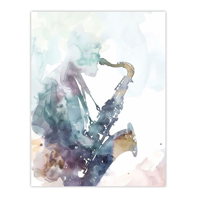 "Artery8 Abstract Saxophone Jazz Musician Watercolour Wall Art Print in Blue - Size: W24"" x H32""" - image 1