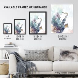 "Artery8 Abstract Saxophone Jazz Musician Watercolour Wall Art Print in Blue - Size: W24"" x H32""" - thumbnail 3