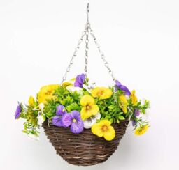 Primrose Artificial Pansy Flowers Rattan Hanging Basket Decoration Yellow Purple & White 25cm