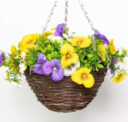 Primrose Artificial Pansy Flowers Rattan Hanging Basket Decoration Yellow Purple & White 25cm - thumbnail 2